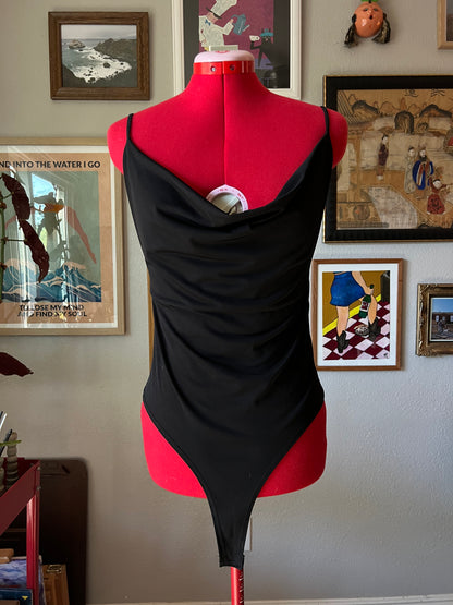 Y2K Black Cowl Neck Bodysuit - Large