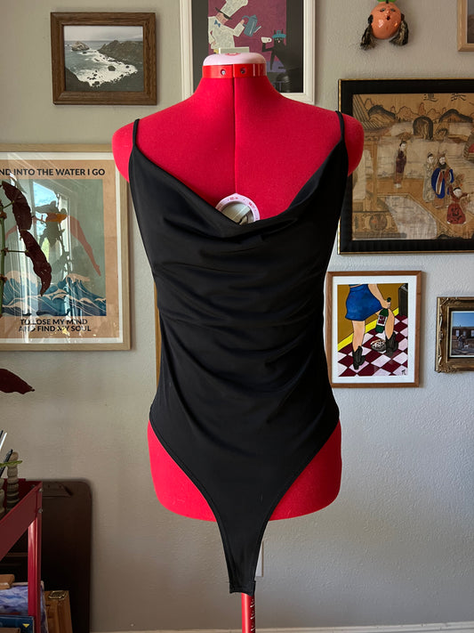 Y2K Black Cowl Neck Bodysuit - Large