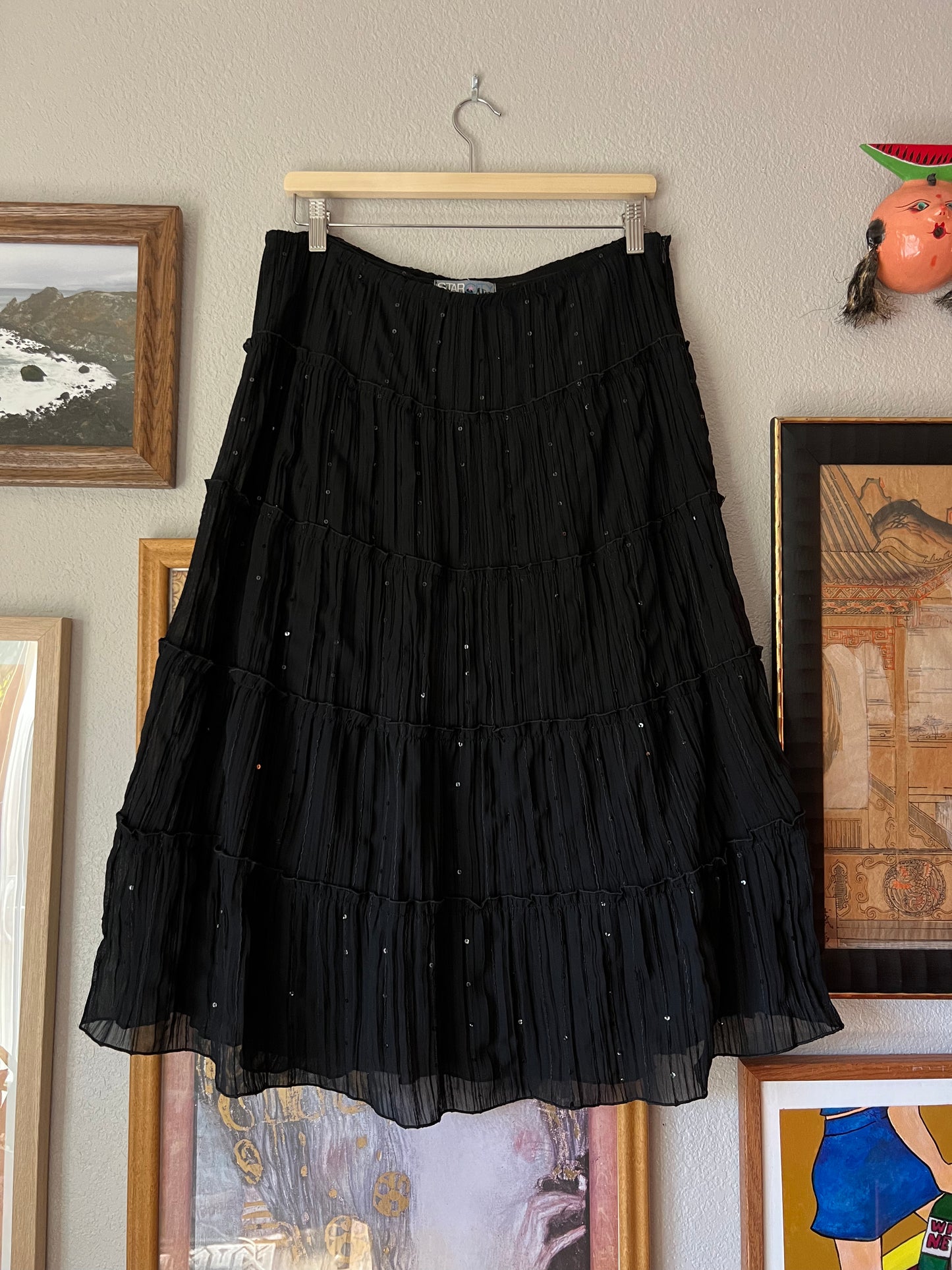 Y2K Black Pleated Sequin Midi Skirt - 32"