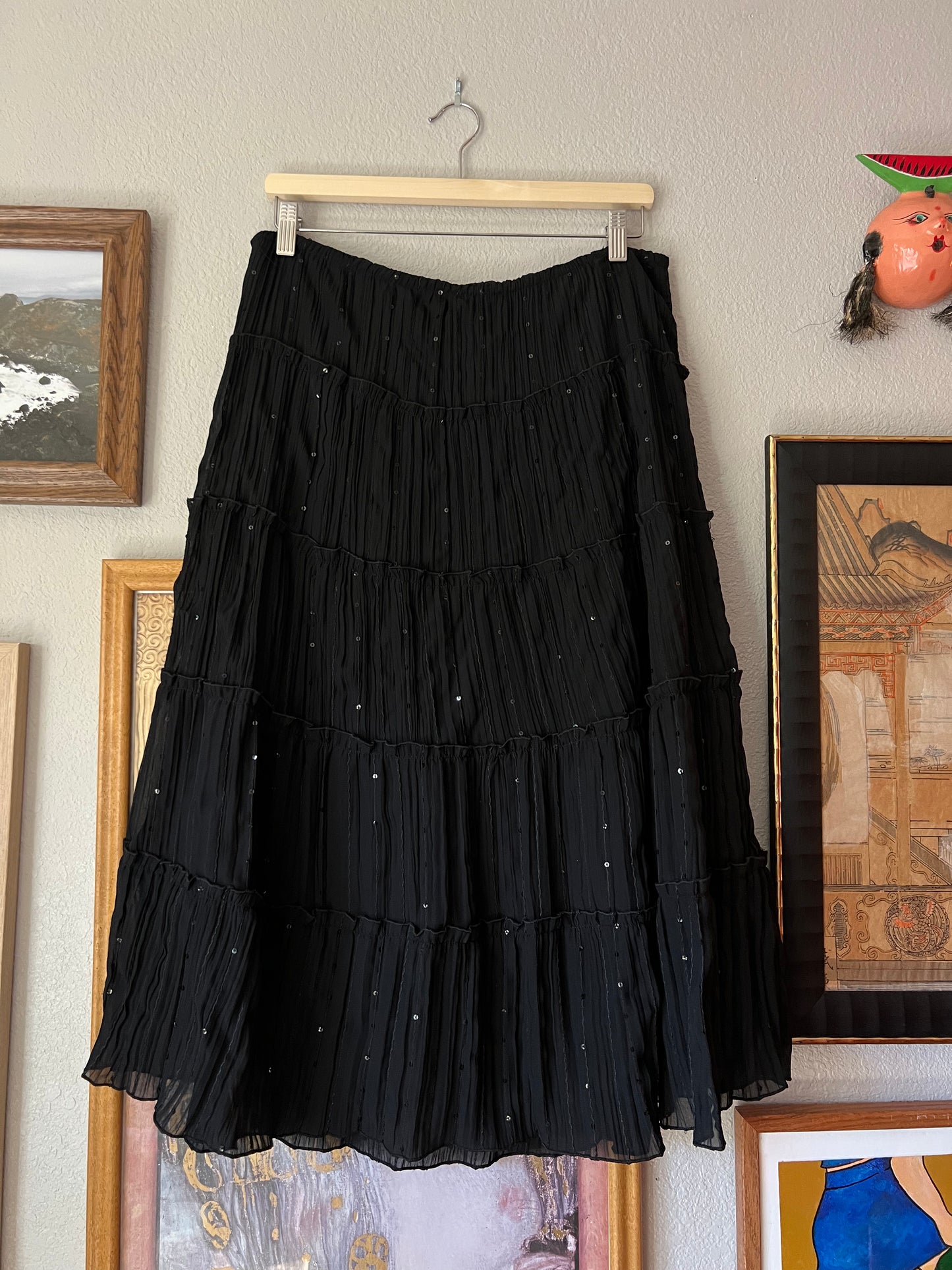 Y2K Black Pleated Sequin Midi Skirt - 32"