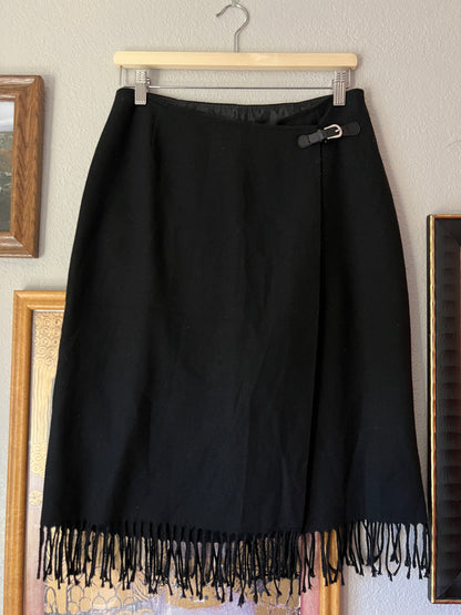 Wool Fringe Skirt with Belt and Wrap Detail - 30"