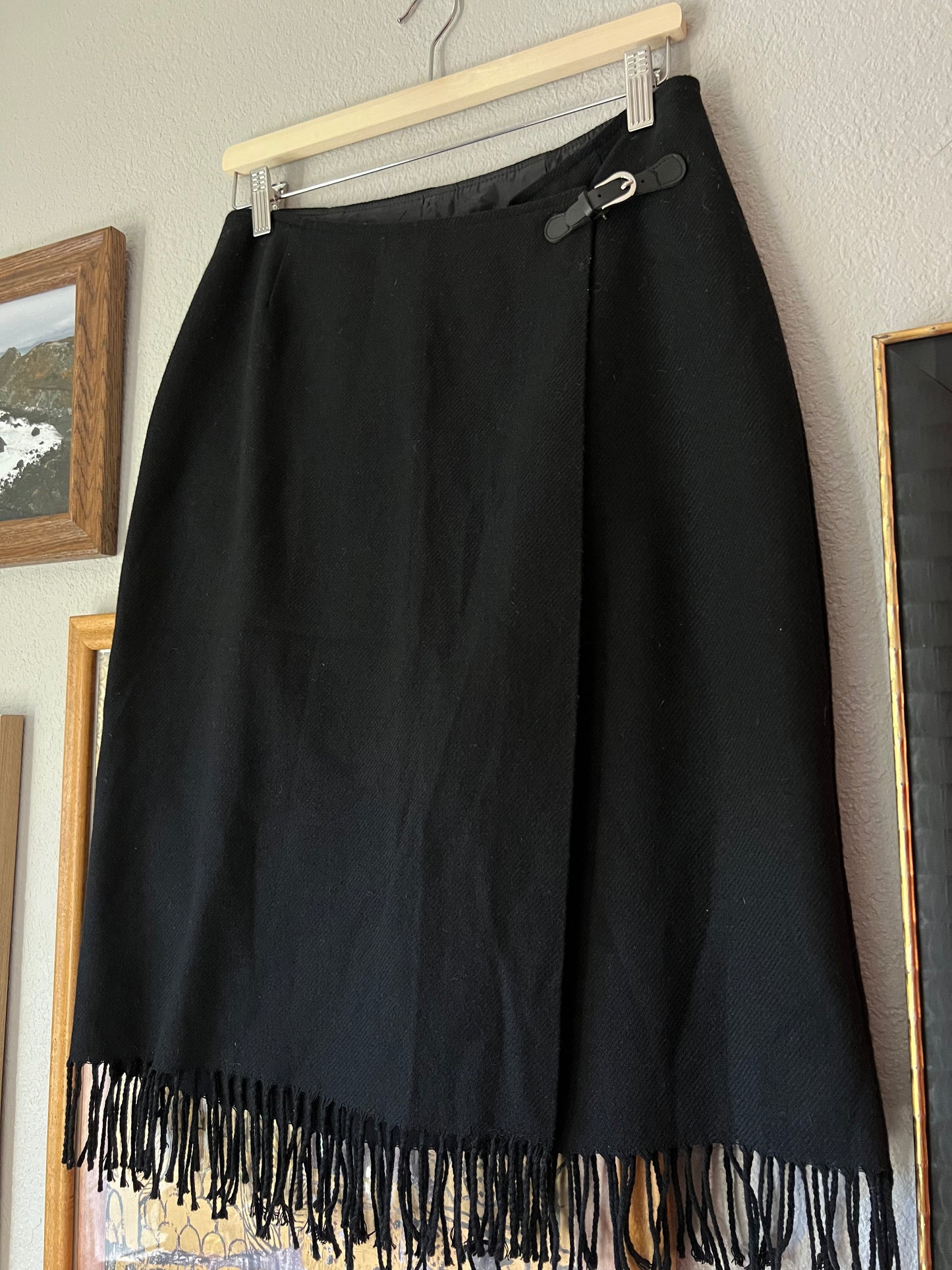 Wool Fringe Skirt with Belt and Wrap Detail - 30"