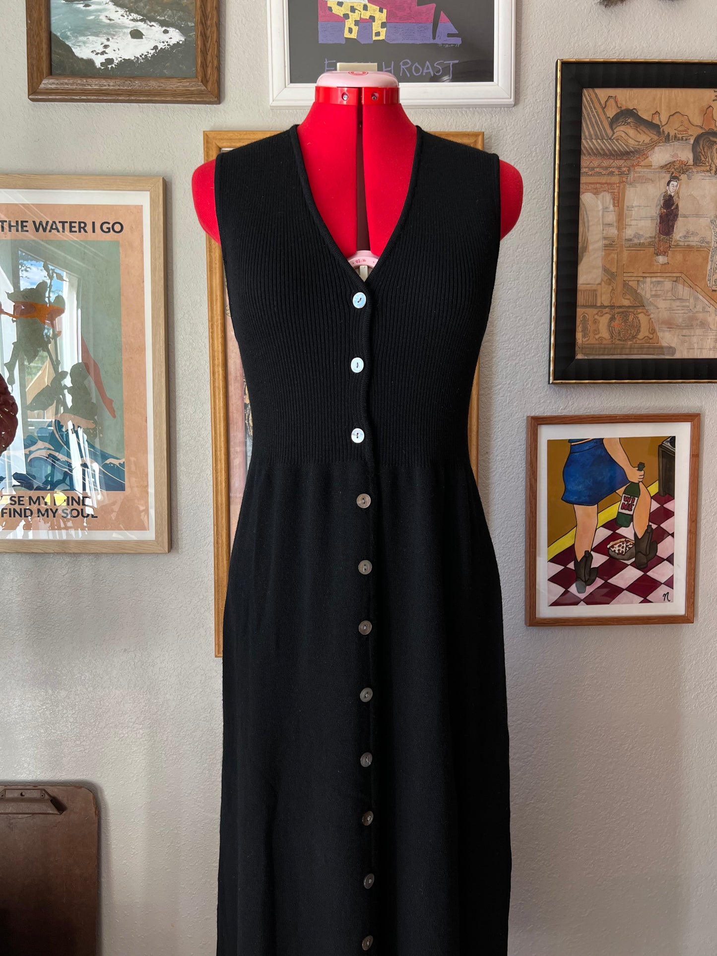 100% Merino Wool Black Knitted Maxi Dress - Large