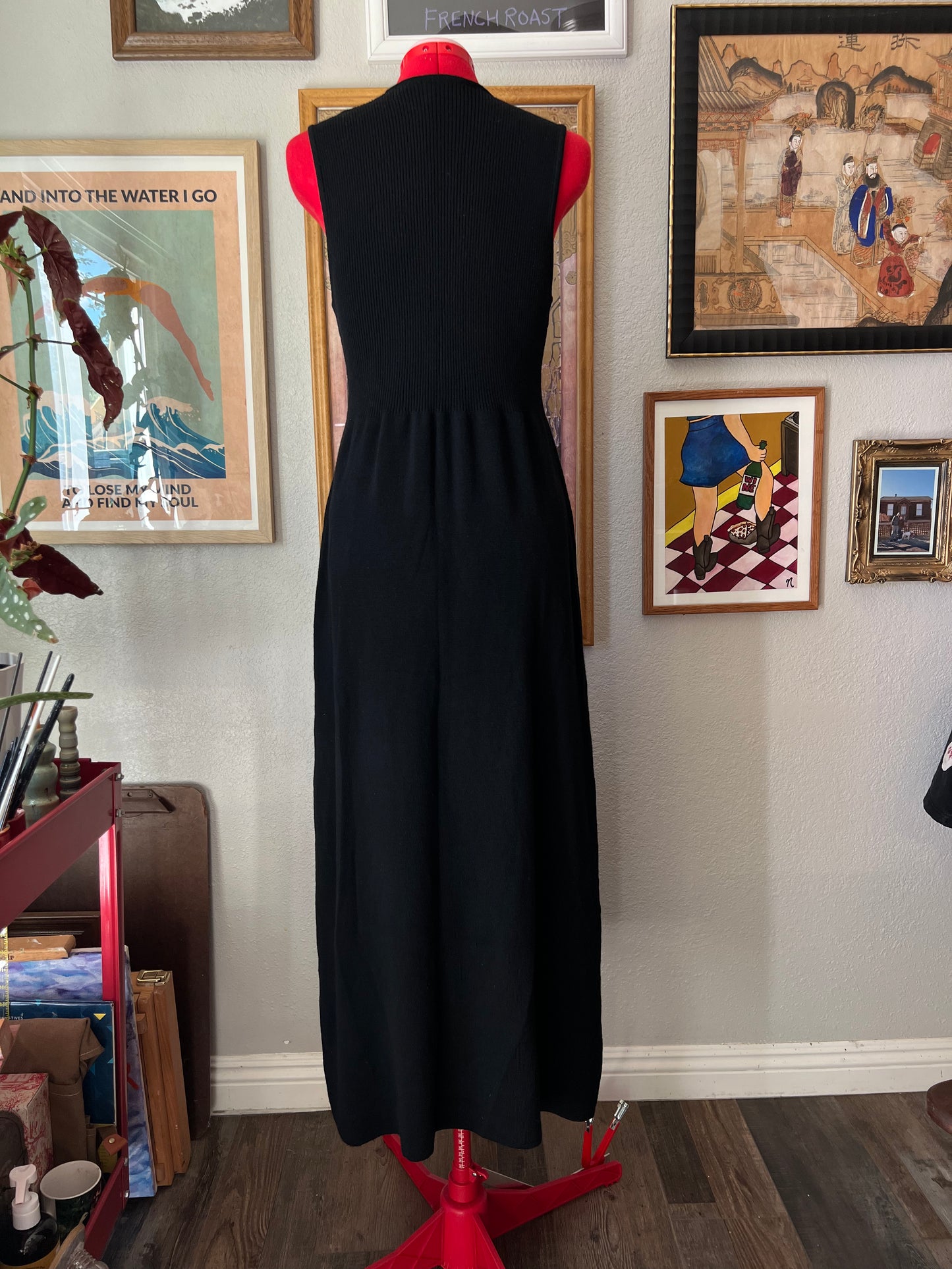 100% Merino Wool Black Knitted Maxi Dress - Large