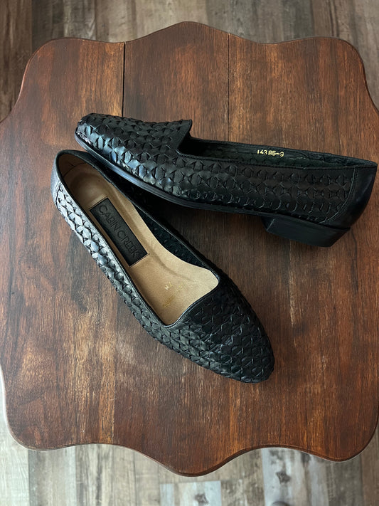 Woven Black Leather Ballerina Loafers - US 7