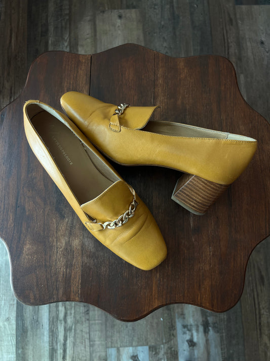 Anthropologie Mustard Heeled Loafer with Gold Chain - 39