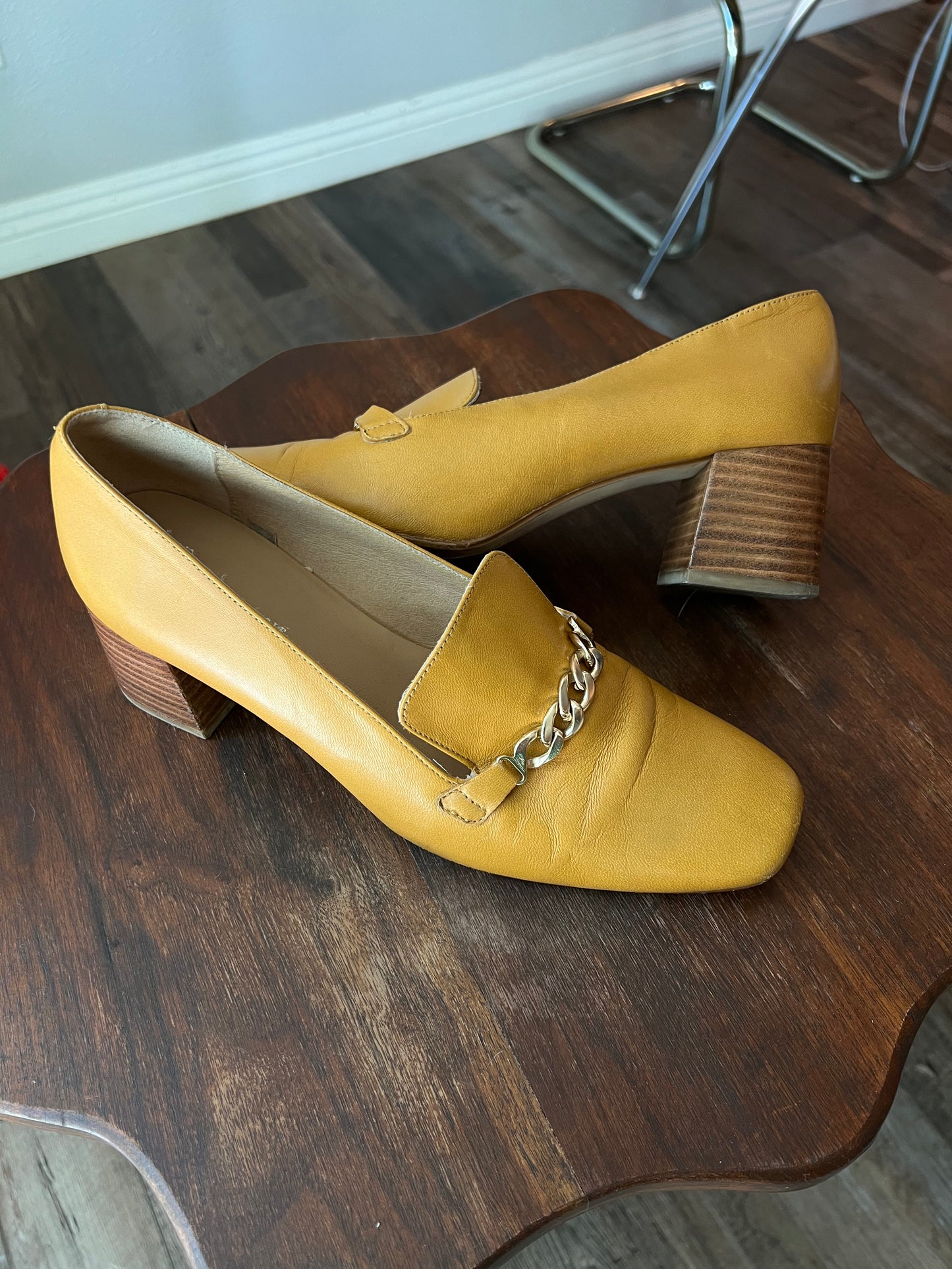 Anthropologie Mustard Heeled Loafer with Gold Chain - 39