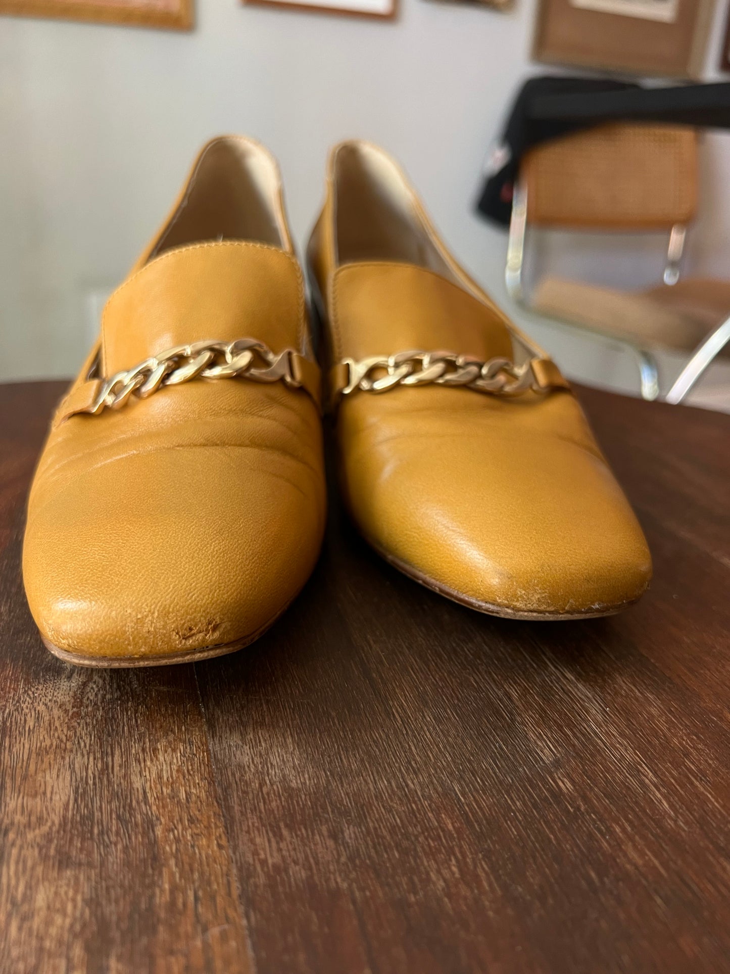 Anthropologie Mustard Heeled Loafer with Gold Chain - 39