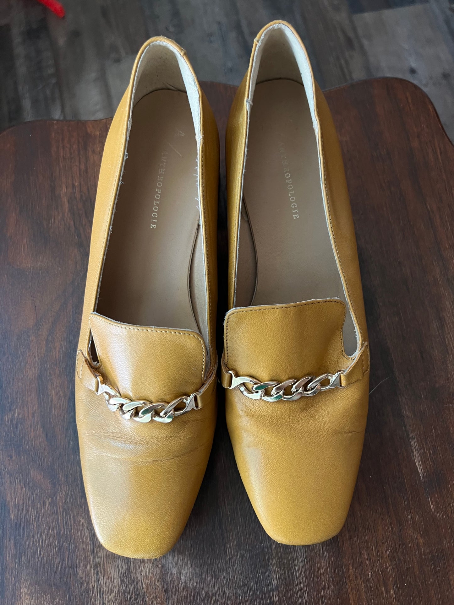 Anthropologie Mustard Heeled Loafer with Gold Chain - 39