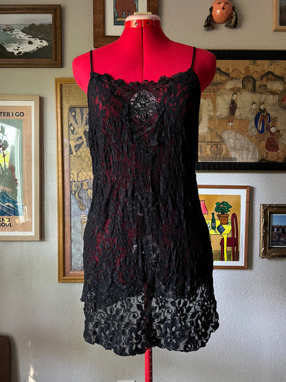 90s Black Floral Lace Mini Slip Dress - Medium