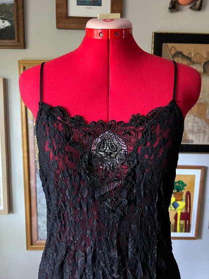 90s Black Floral Lace Mini Slip Dress - Medium