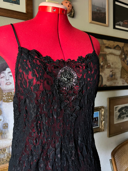 90s Black Floral Lace Mini Slip Dress - Medium