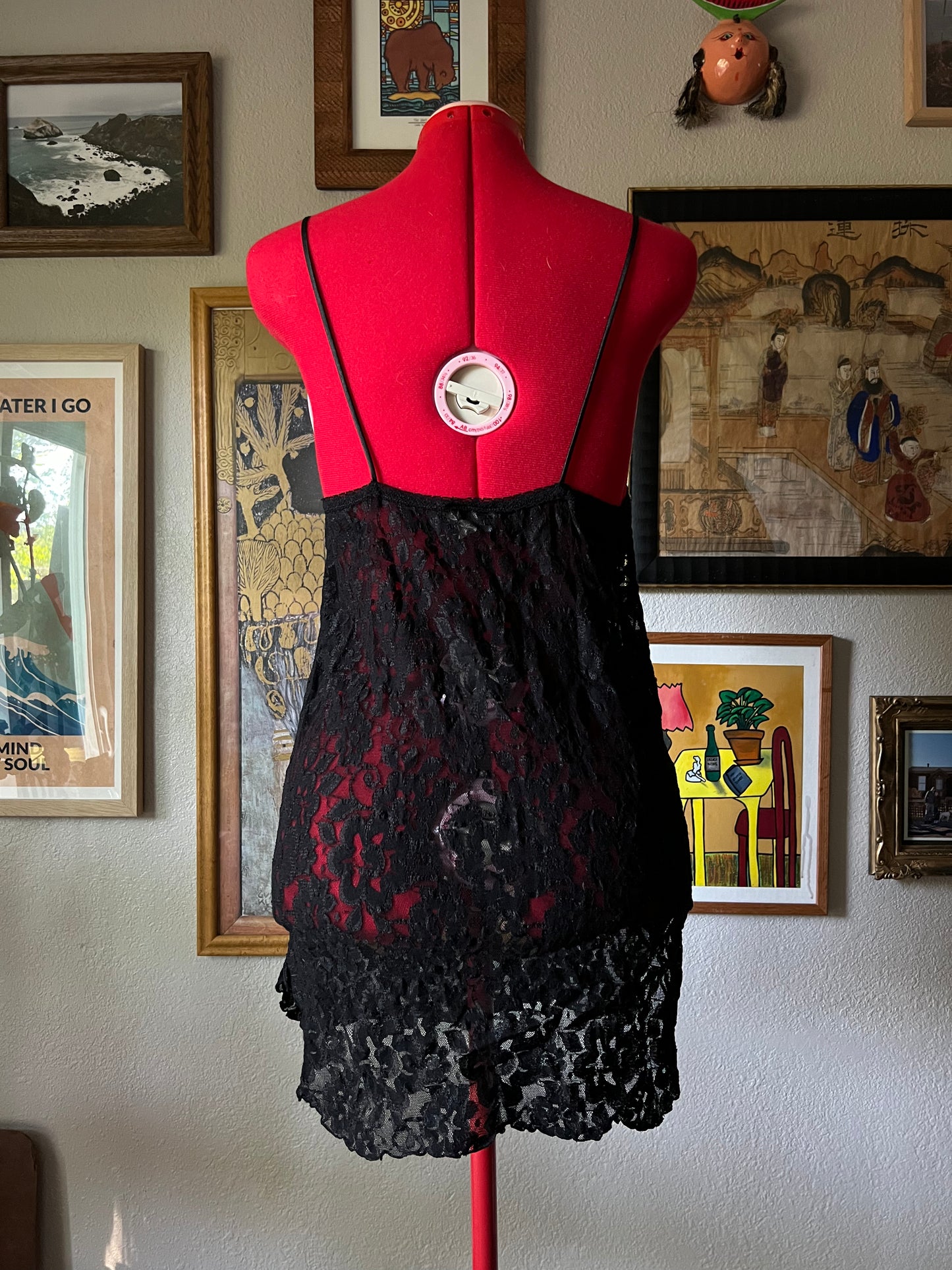 90s Black Floral Lace Mini Slip Dress - Medium