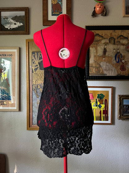 90s Black Floral Lace Mini Slip Dress - Medium