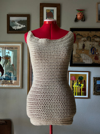 Unique Handmade Crochet Low Back Mini Dress in Beige - Small