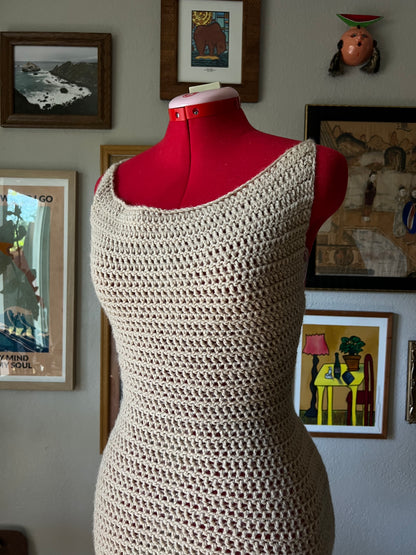 Unique Handmade Crochet Low Back Mini Dress in Beige - Small