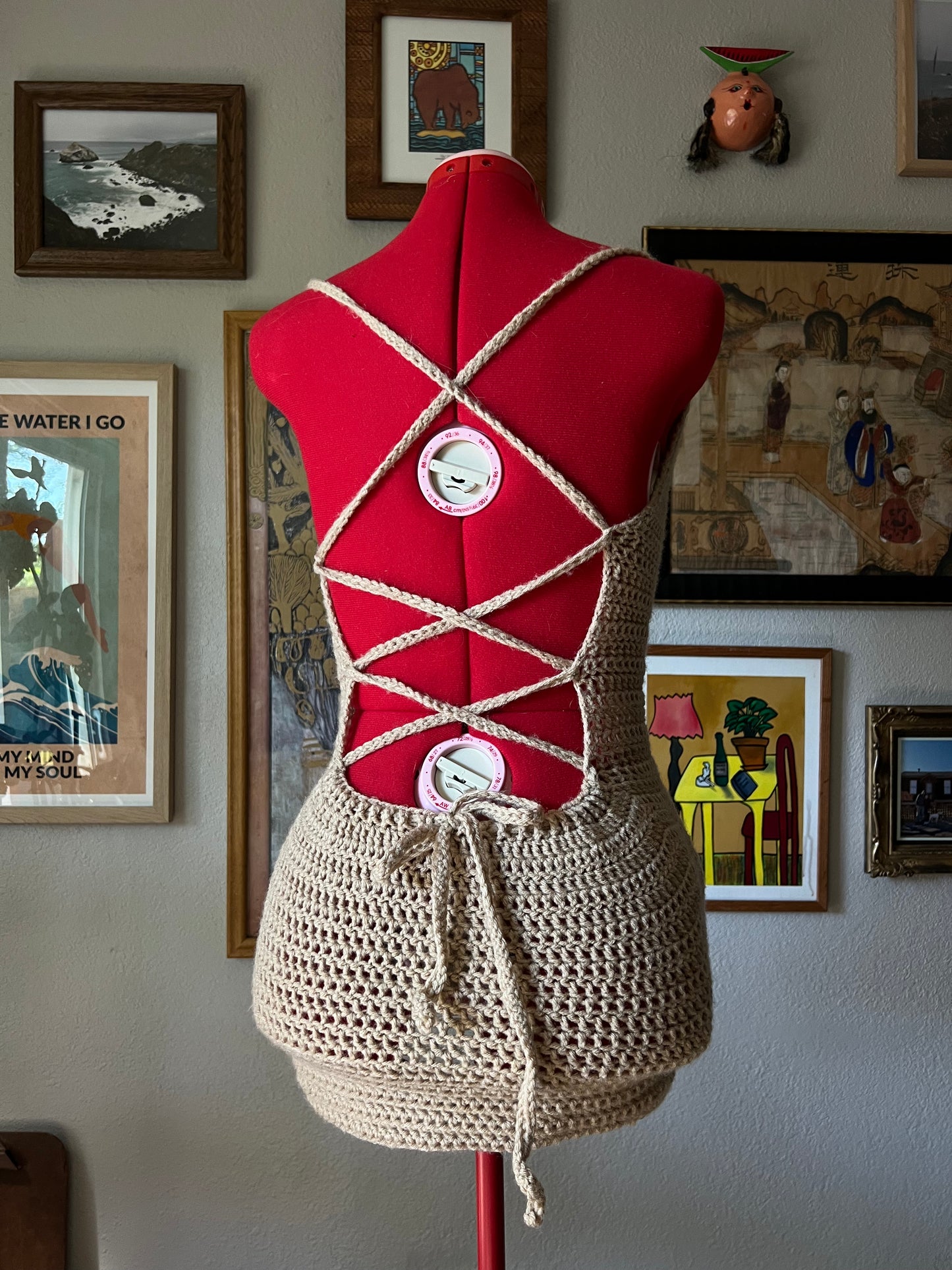 Unique Handmade Crochet Low Back Mini Dress in Beige - Small