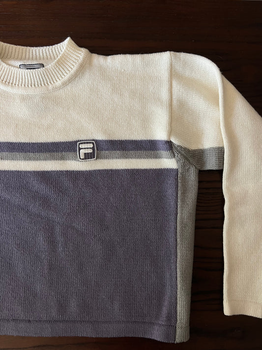 Y2K Fila Lavender and Cream Cropped Knitted Sweater - Medium