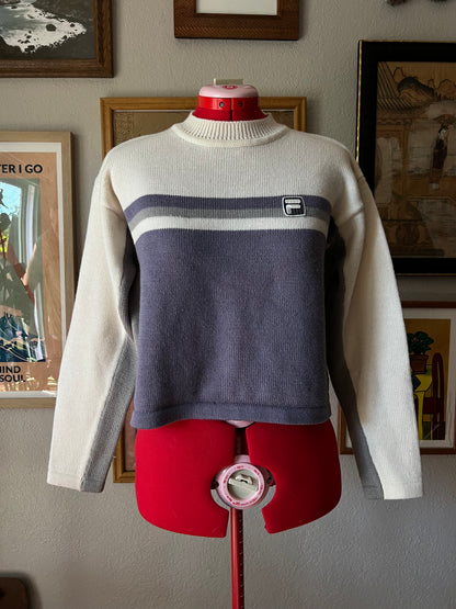 Y2K Fila Lavender and Cream Cropped Knitted Sweater - Medium