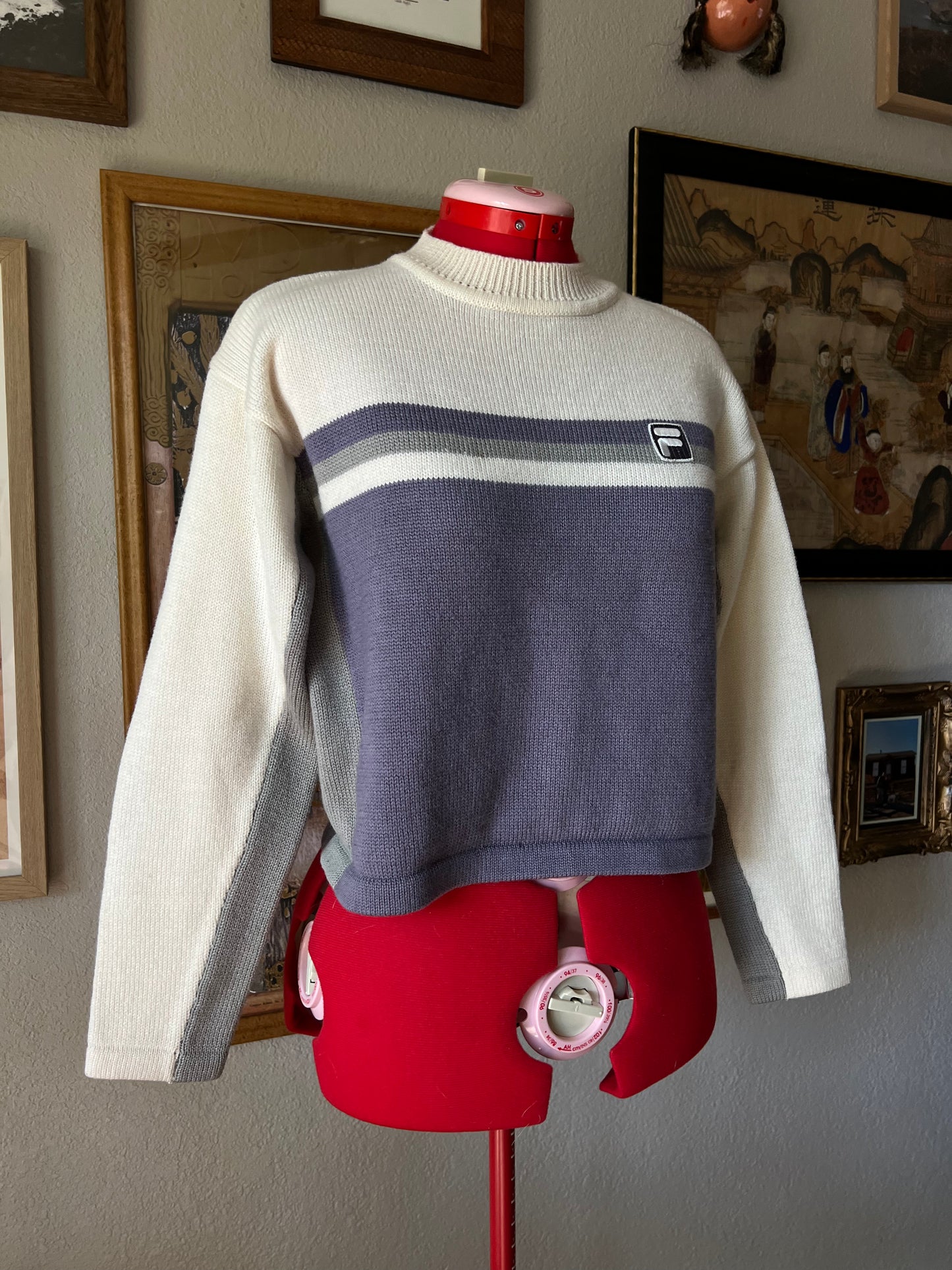 Y2K Fila Lavender and Cream Cropped Knitted Sweater - Medium