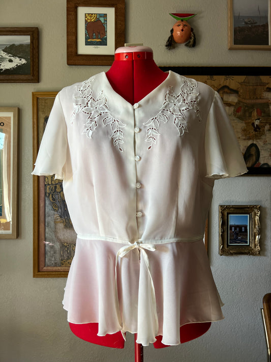 80s Pearl Scalloped Blouse with Flower Embroidery - US 12