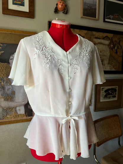 80s Pearl Scalloped Blouse with Flower Embroidery - US 12