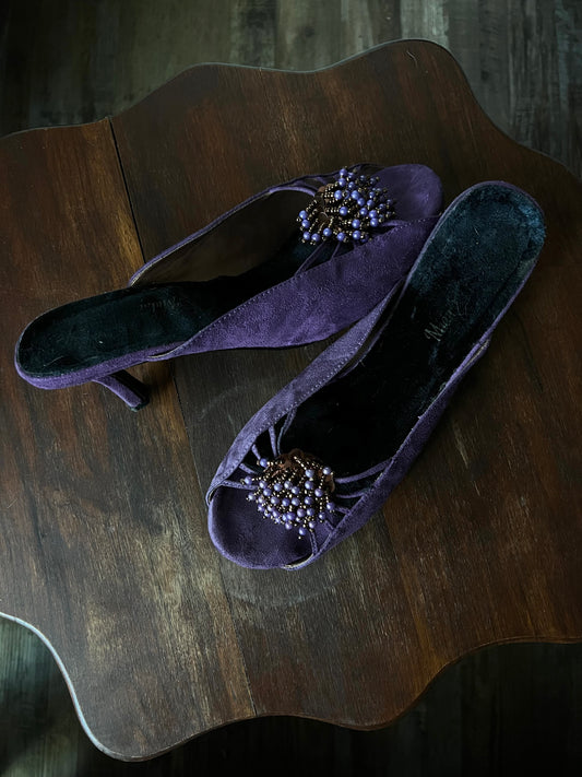 Unique Purple Velvet Mule Heel Beads + Sequins - US 9.5