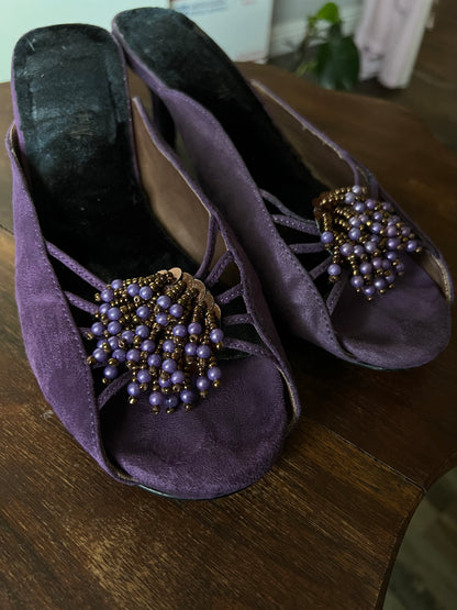 Unique Purple Velvet Mule Heel Beads + Sequins - US 9.5