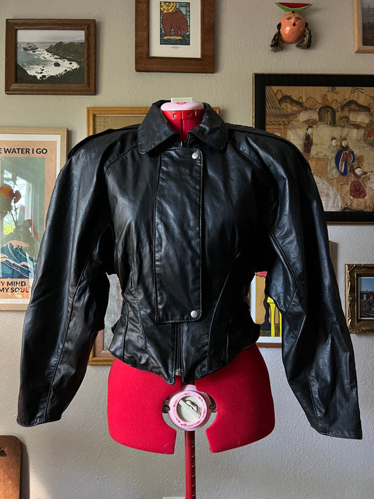 80s Black Leather Belted Cropped Jacket - Small