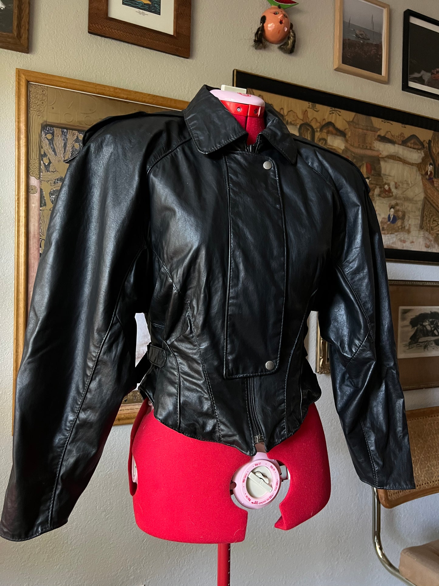 80s Black Leather Belted Cropped Jacket - Small