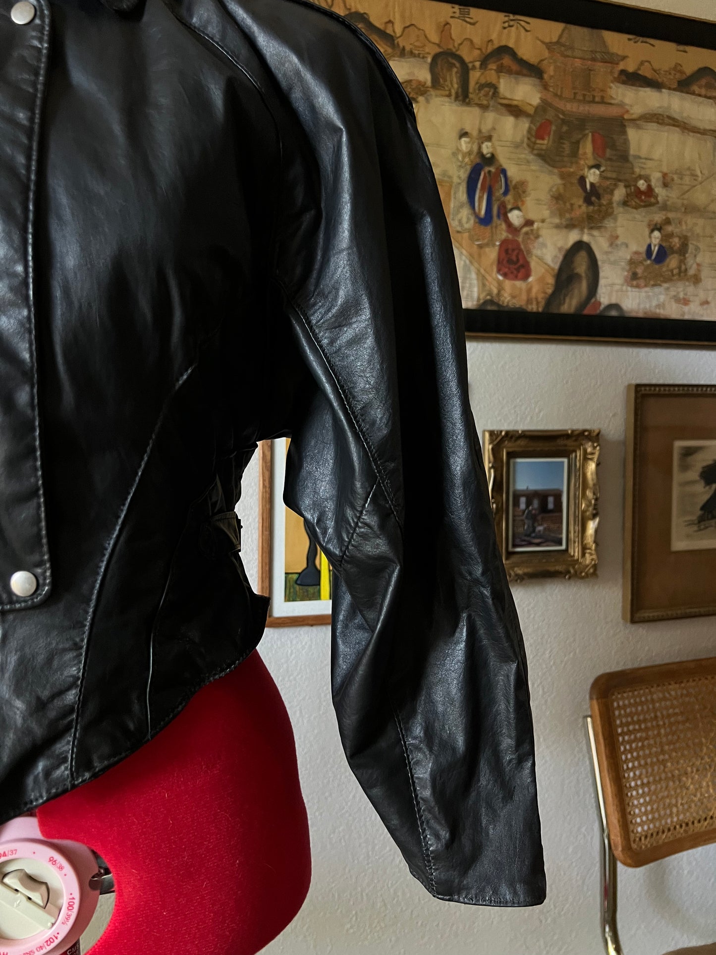 80s Black Leather Belted Cropped Jacket - Small