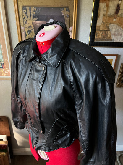 80s Black Leather Belted Cropped Jacket - Small