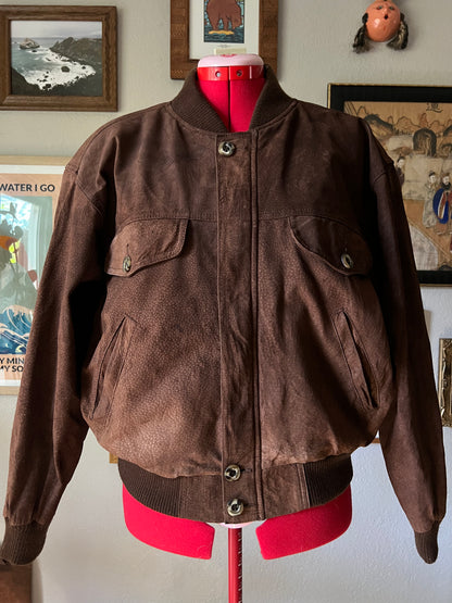 80s Brown Suede Leather Bomber Jacket - Medium