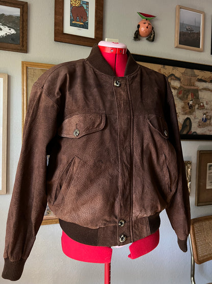 80s Brown Suede Leather Bomber Jacket - Medium