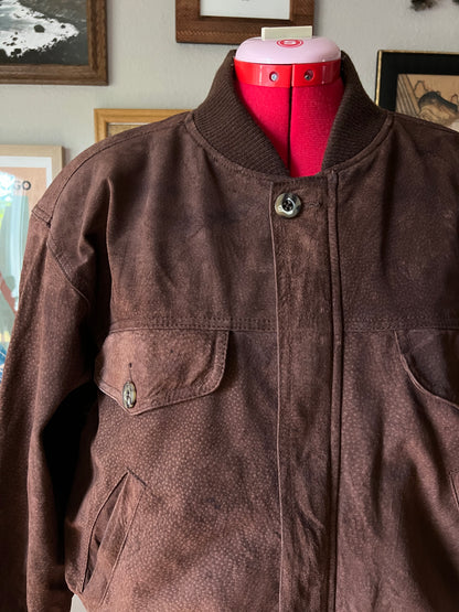 80s Brown Suede Leather Bomber Jacket - Medium