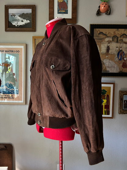 80s Brown Suede Leather Bomber Jacket - Medium