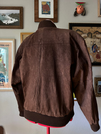 80s Brown Suede Leather Bomber Jacket - Medium