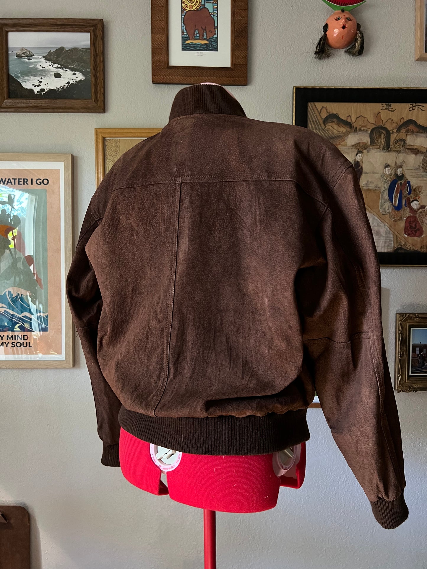 80s Brown Suede Leather Bomber Jacket - Medium