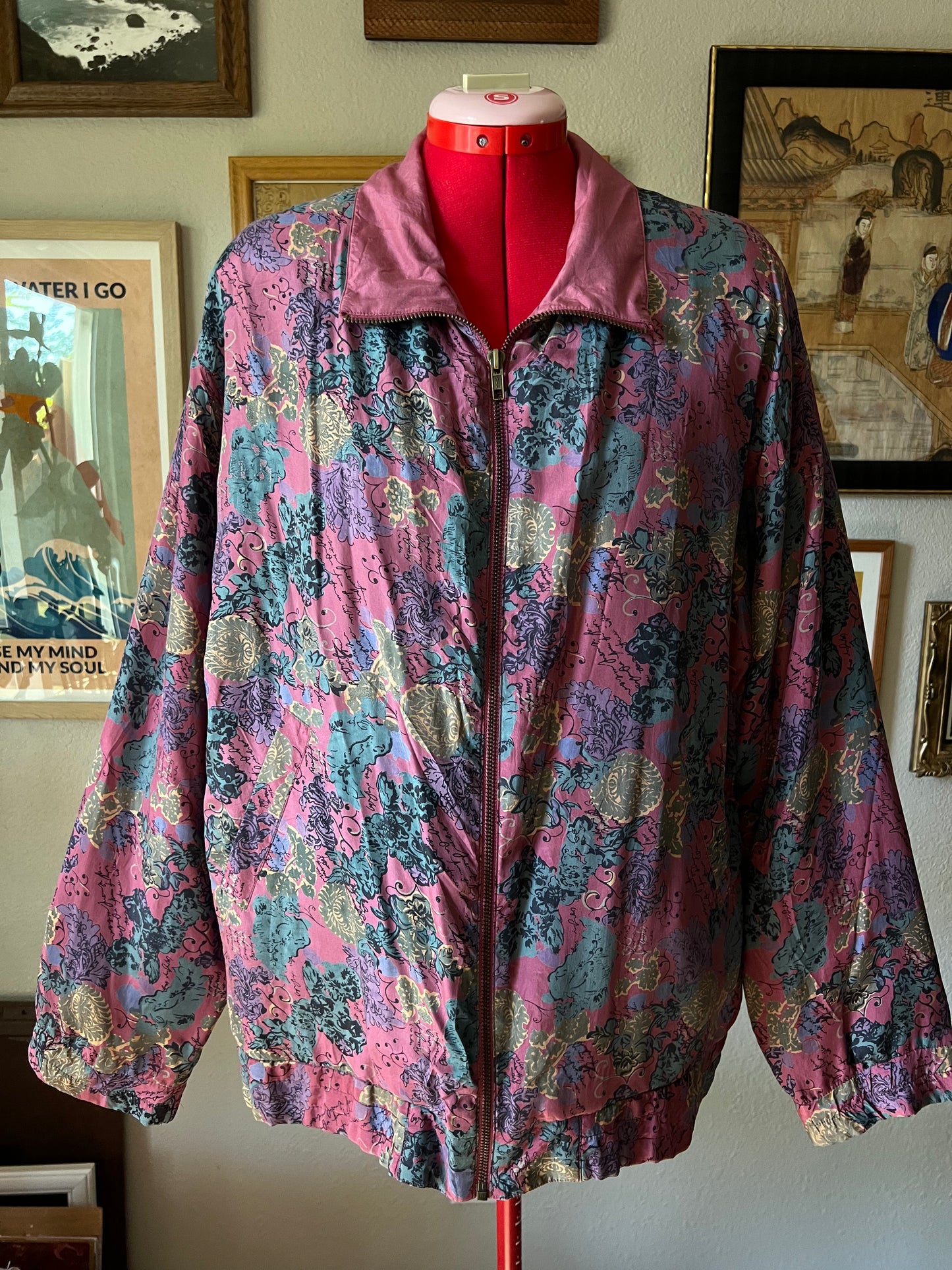 80s 100% Silk Abstract Floral Windbreaker - Large