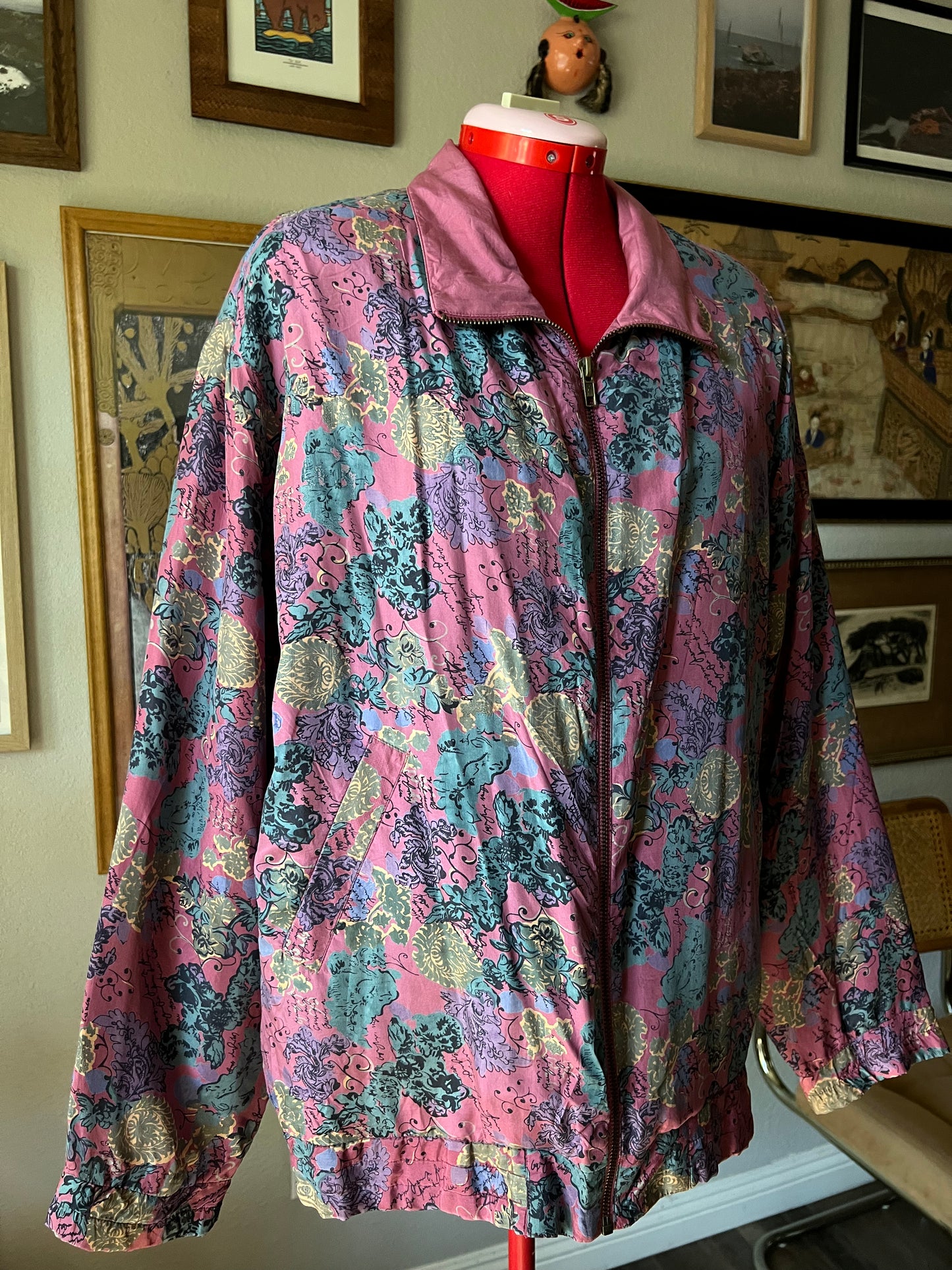 80s 100% Silk Abstract Floral Windbreaker - Large