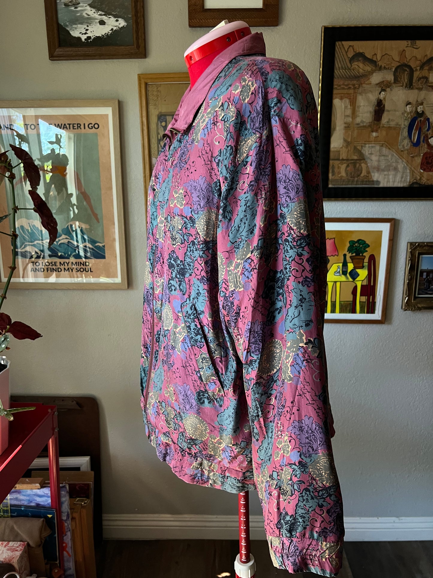 80s 100% Silk Abstract Floral Windbreaker - Large