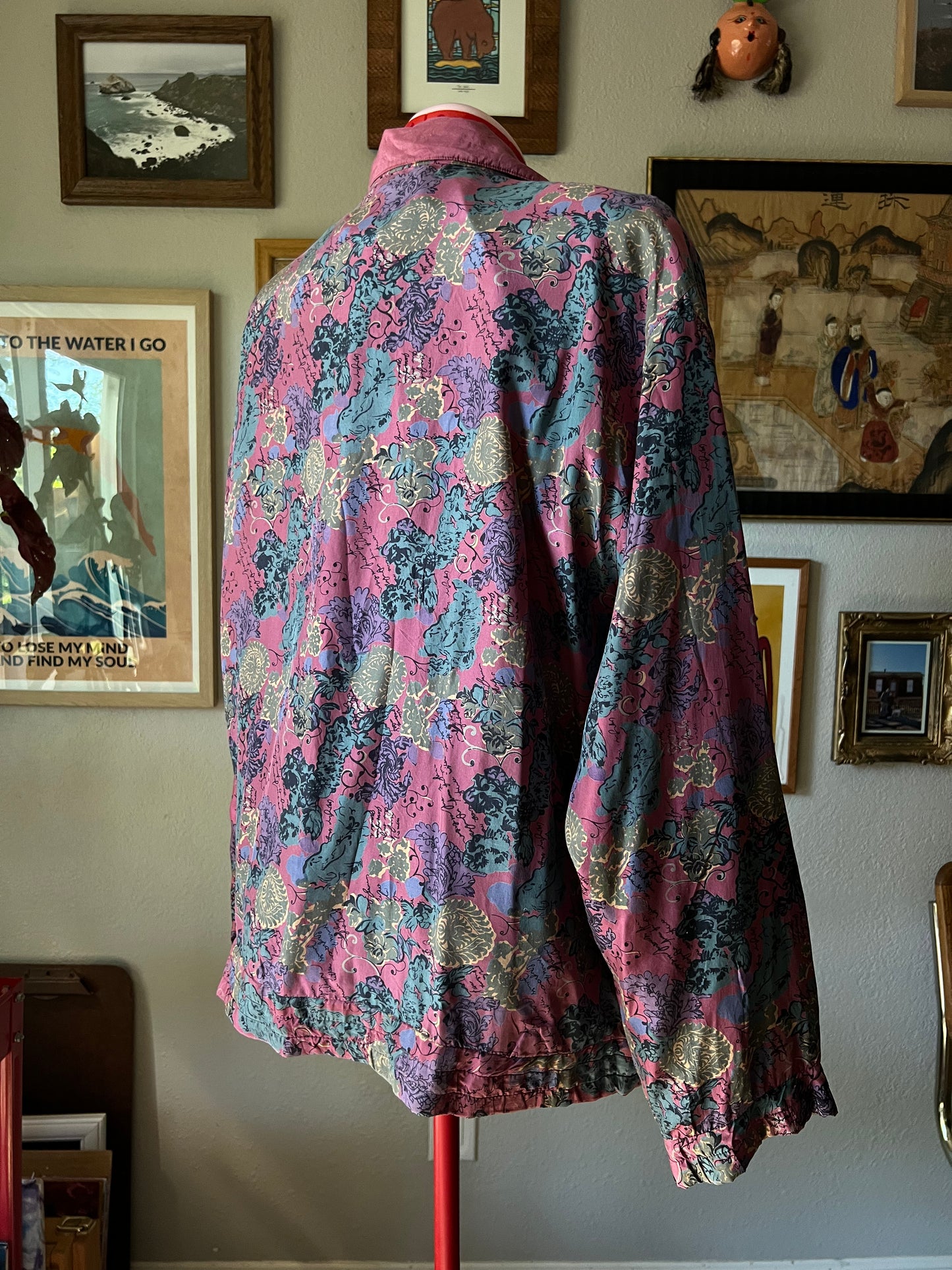 80s 100% Silk Abstract Floral Windbreaker - Large