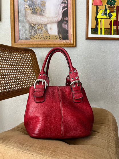 Genuine Leather Red Mini Handbag with Silver Buckles