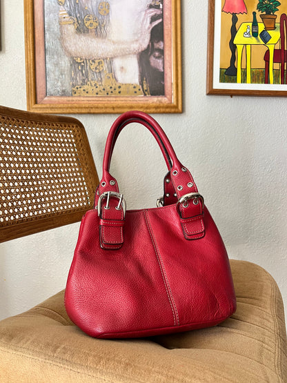 Genuine Leather Red Mini Handbag with Silver Buckles