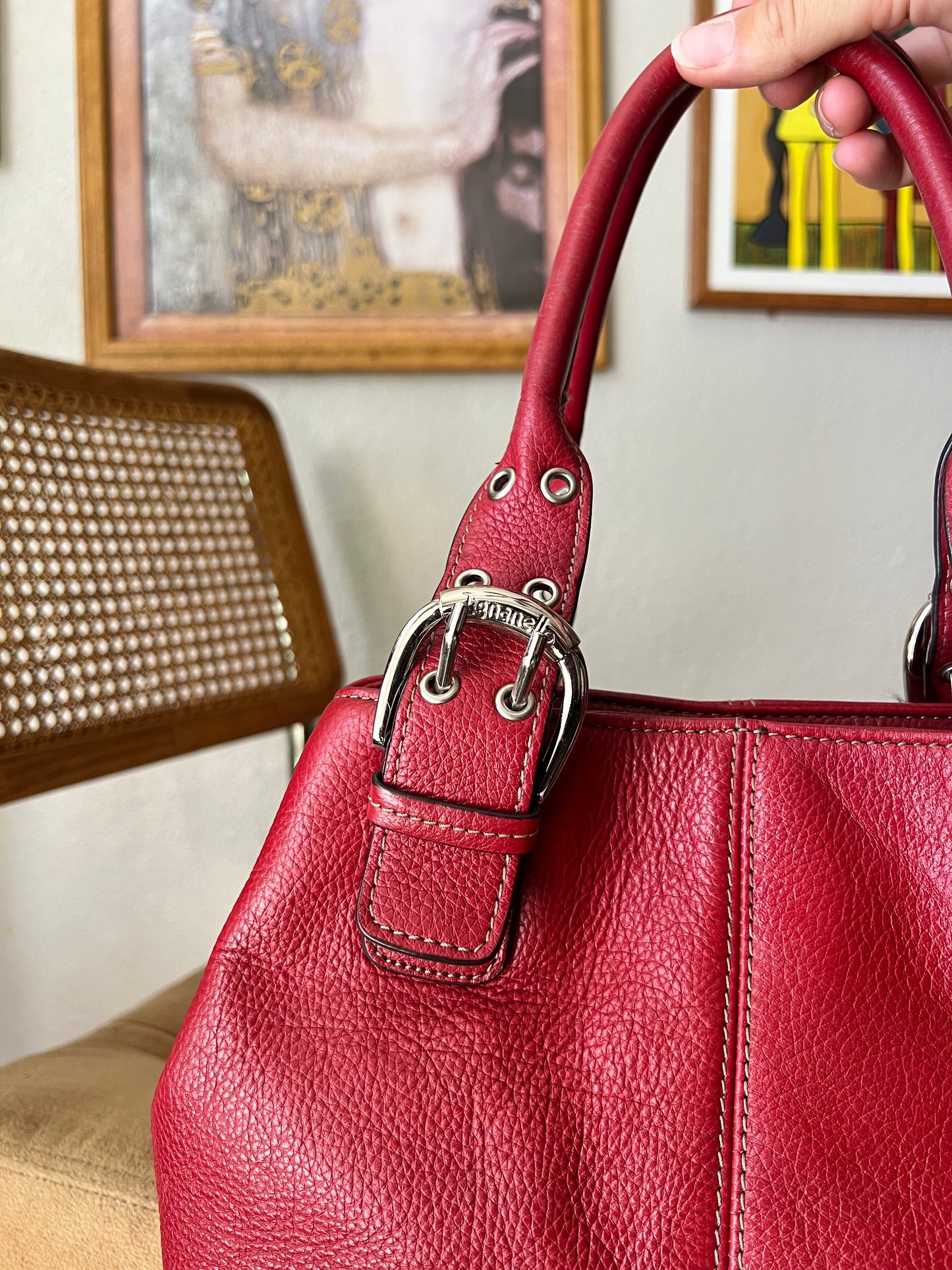 Genuine Leather Red Mini Handbag with Silver Buckles