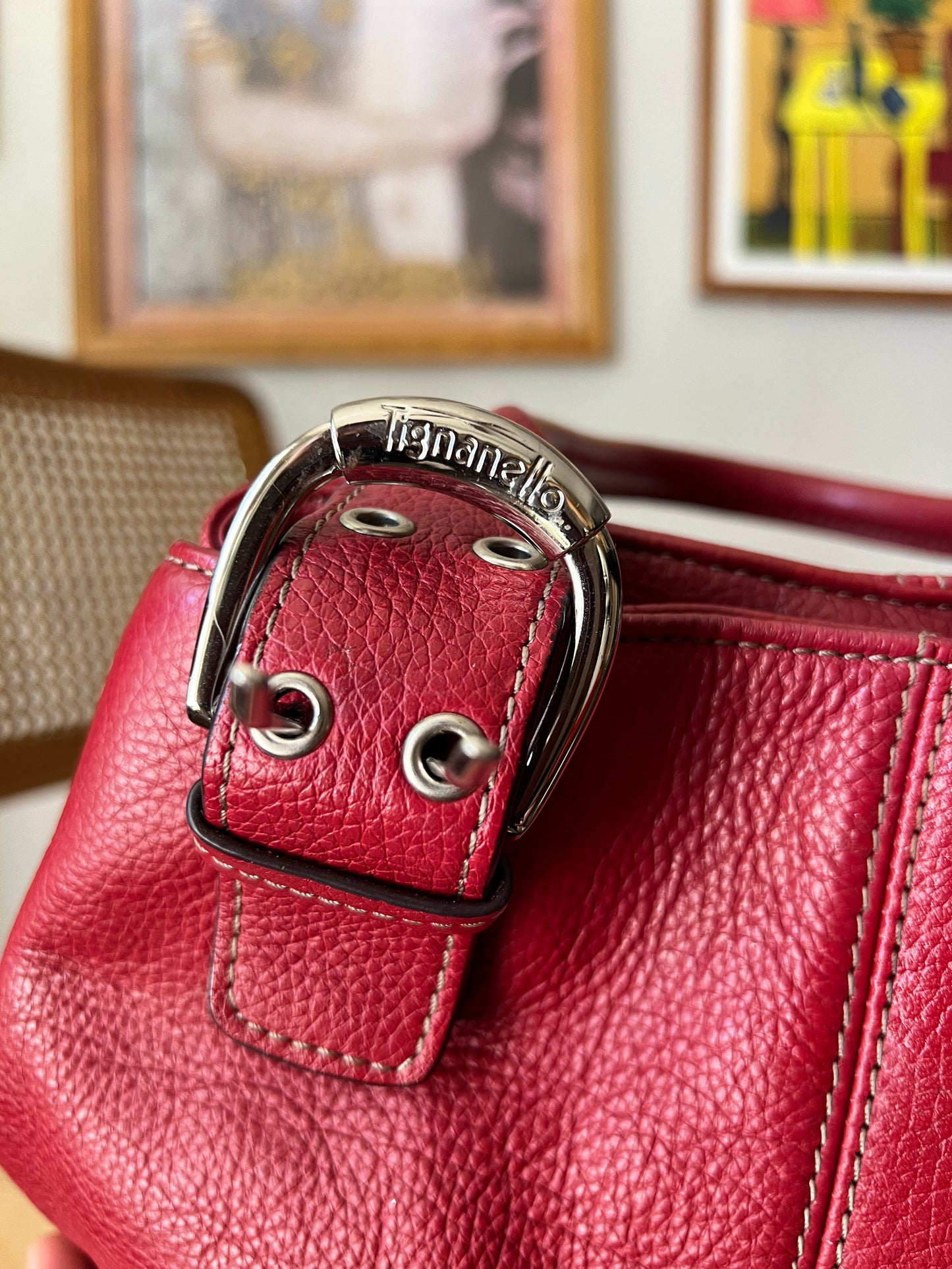 Genuine Leather Red Mini Handbag with Silver Buckles