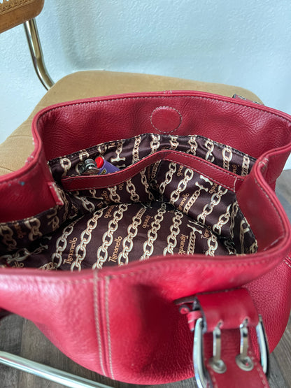 Genuine Leather Red Mini Handbag with Silver Buckles