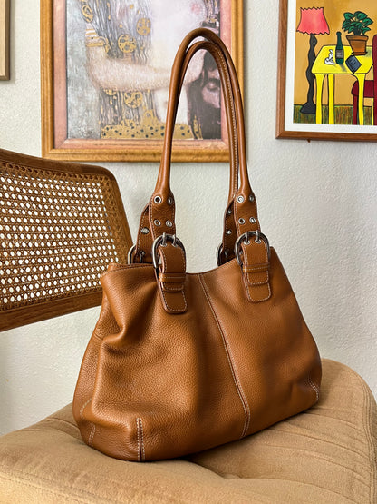 Genuine Leather Cognac Handbag with Silver Buckles