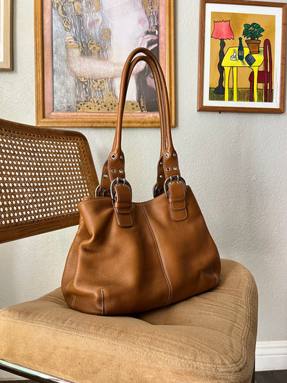 Genuine Leather Cognac Handbag with Silver Buckles