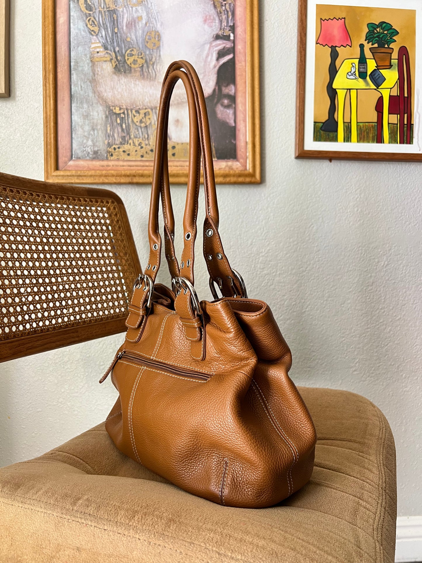 Genuine Leather Cognac Handbag with Silver Buckles